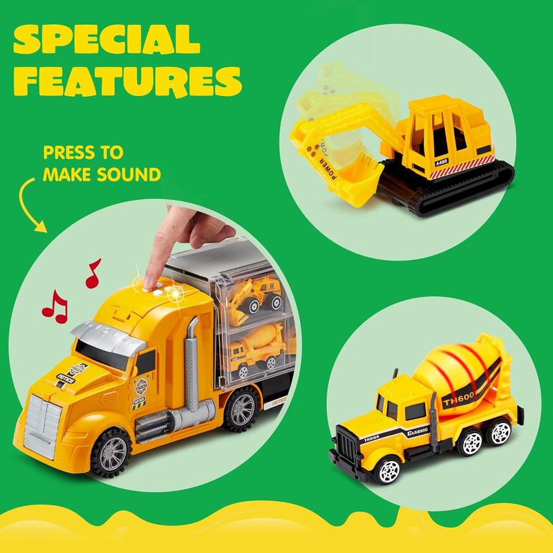 25 in 1 Construction Truck Vehicle Toy Set, Play Vehicles Set with Sounds and Lights in Carrier Truck, Push and Go Vehicle Car Toy, Kids Birthday Gifts for Over 3 Years Old Boys