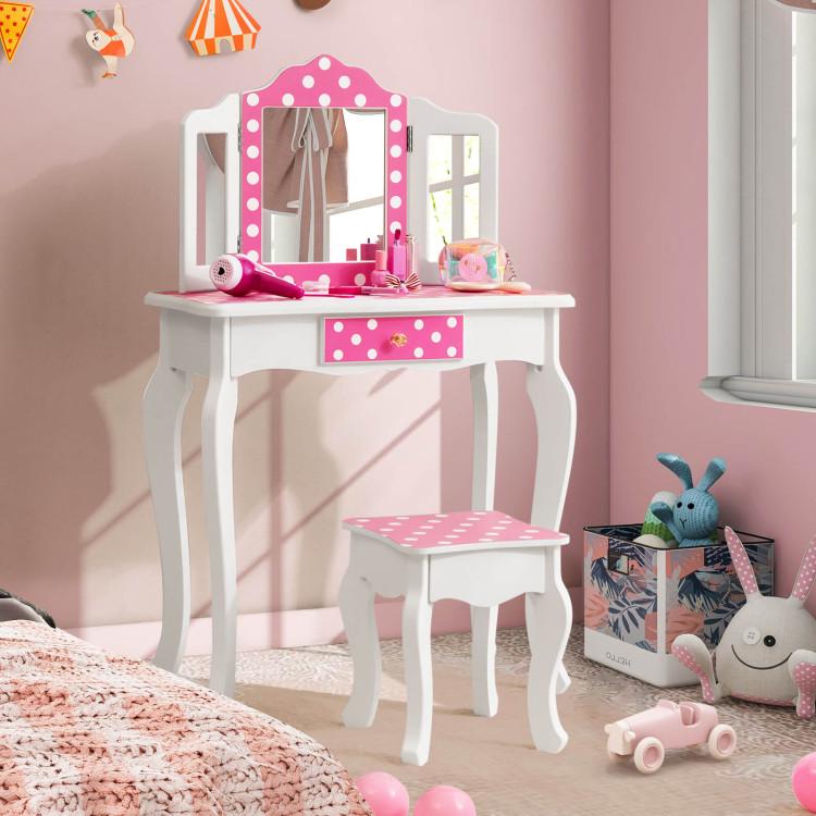 Costway- Vanity Table and Stool Set with Cute Polka Dot Print,Wooden Princess Makeup Dressing Table, Pretend Play Vanity Set for Girls