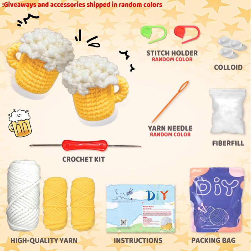 Beer & Fried Chicken Design Crochet Kit, 1 Set DIY Beginner Crochet Starter Material Package with Yarn, Seam Markers, and Instructions, Beginner Crochet Kits for Gift