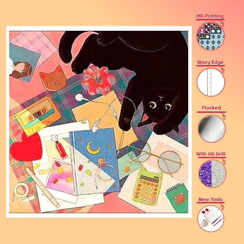 Cat & Moon Pattern Artificial Diamond Painting Without Frame, DIY Craft Project, Creative Home Decoration