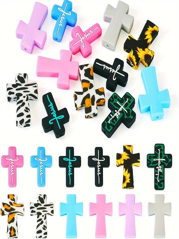 Cross Shaped Silicone Bead, Leopard & Floral Pattern DIY Jewelry Making Bead, DIY Jewelry Making Supplies for Bracelet Necklace Earrings Making