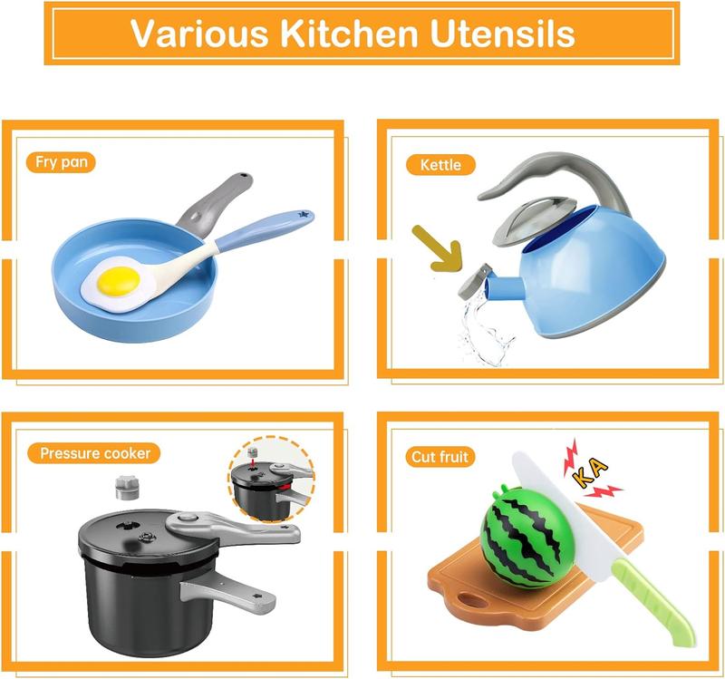 130Pcs Kitchen Playset, Toddler Pretend Cooking Play Pots, Pans,Pretend play, Daily Food Fruit Veges