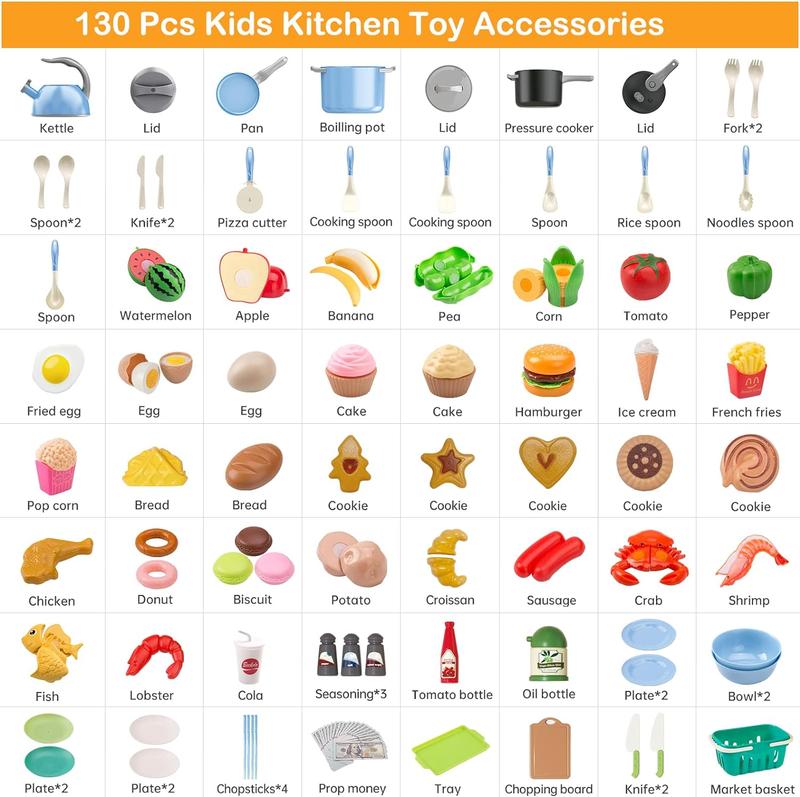 130Pcs Kitchen Playset, Toddler Pretend Cooking Play Pots, Pans,Pretend play, Daily Food Fruit Veges