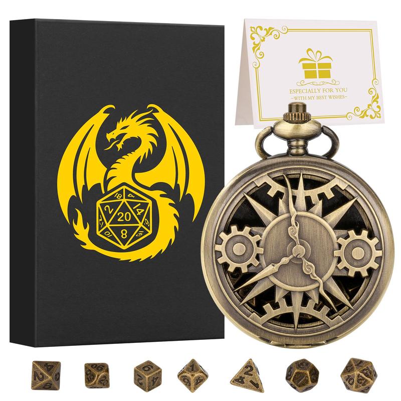 Hollow Out Time Gear Design Watch Case with Chain & Dice, 1 Set Vintage Dice Game Toy, Creative Dice Game Toy for Indoor & Outdoor