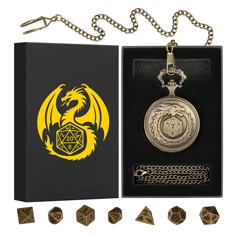 Steampunk Dragon Design Pocket Watch & Dice Set, 8 Pieces Polyhedral Dice Set with Gift Box, Role Playing Board Games Accessories for Men Player
