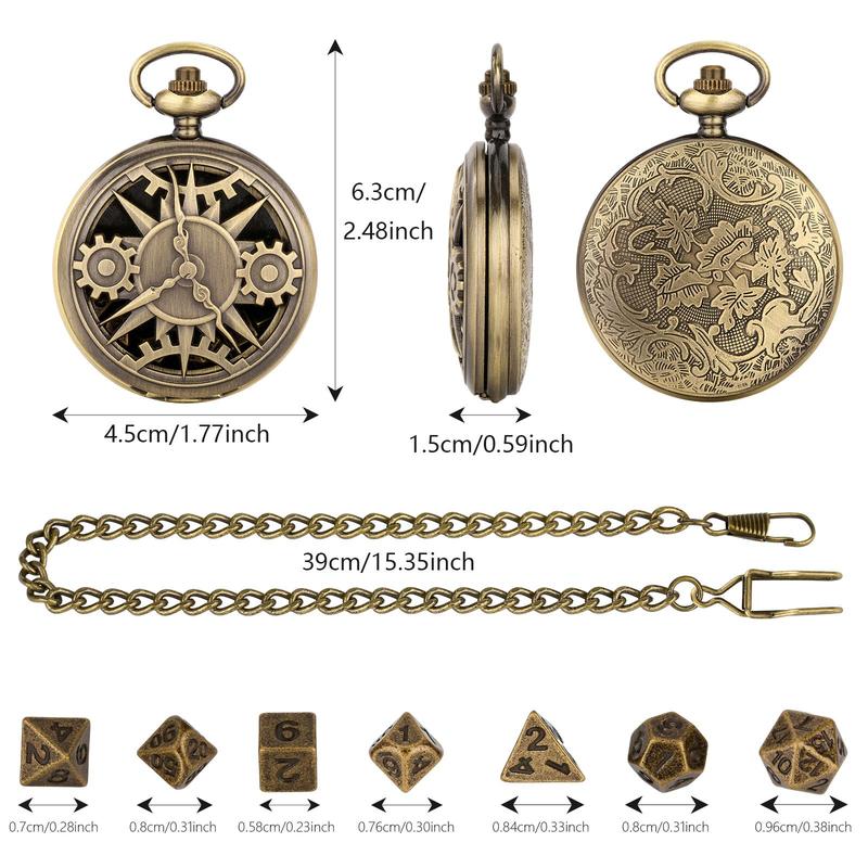 Hollow Out Time Gear Design Watch Case with Chain & Dice, 1 Set Vintage Dice Game Toy, Creative Dice Game Toy for Indoor & Outdoor