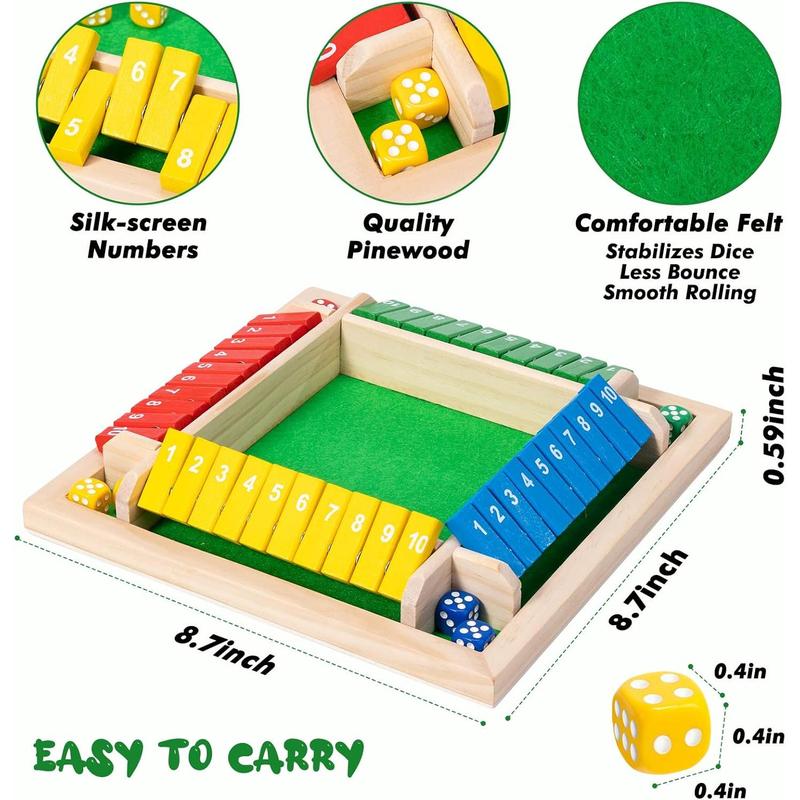 Shut The Box Dice Game,8 Dice 4 Players Wooden Board Table Math Skills Game with Drop it Game Instructions for Kids Adults Easy to Learn, Family and Friends Party (8 Inches Colorful)