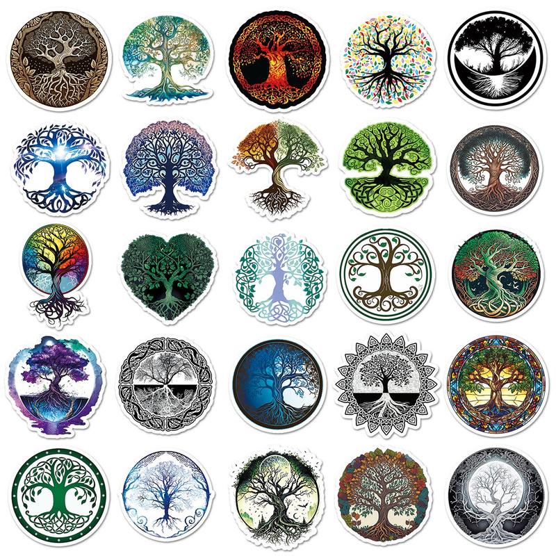 50pcs Tree Of Life Pattern Sticker, Waterproof Scrapbooking & Journal Making Material Sticker, DIY Decorative Sticker For Stationery Computer Water Bottle Phone, Christmas Gift