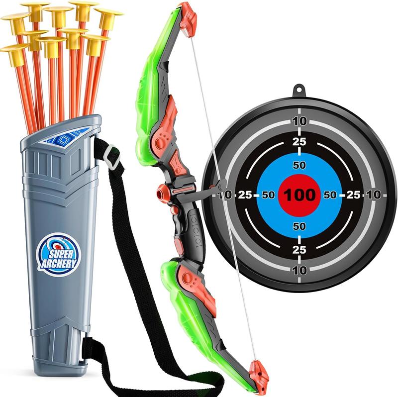 LED Light-Up Archery Toy with 10 Suction Cup Arrows, Target & Quiver for Kids - Outdoor & Indoor Toys for Boys & Girls Ages 5+