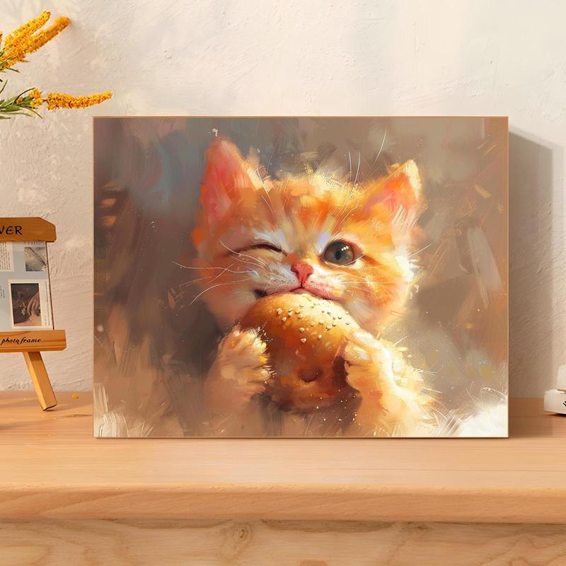 Cat Eating Bread Pattern DIY Painting By Numbers Kit, 1 Set DIY Paint By Numbers Kit, Wall Art Decoration for Home Living Room Bedroom