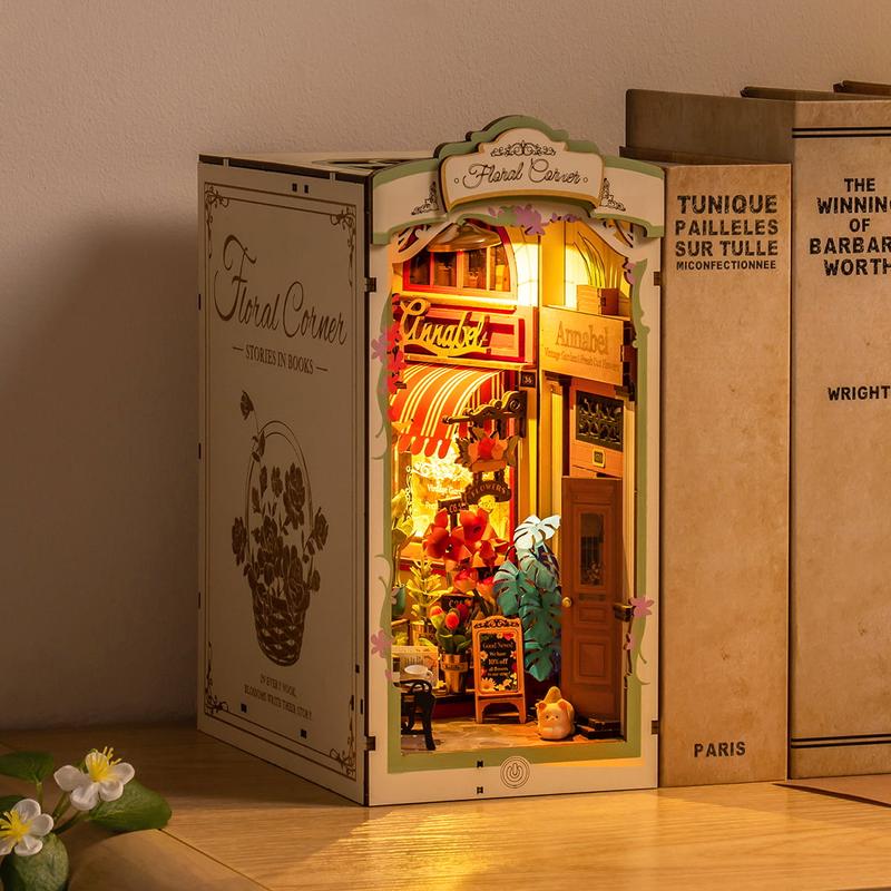 Rolife Floral Corner DIY Book Nook Shelf Insert Kit DIY Miniature House Kit with Dustproof Sheet Booknook Bookshelf Insert Decor 3D Wooden Bookend lead light handmade diy