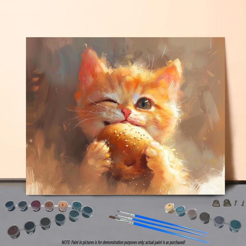 Cat Eating Bread Pattern DIY Painting By Numbers Kit, 1 Set DIY Paint By Numbers Kit, Wall Art Decoration for Home Living Room Bedroom