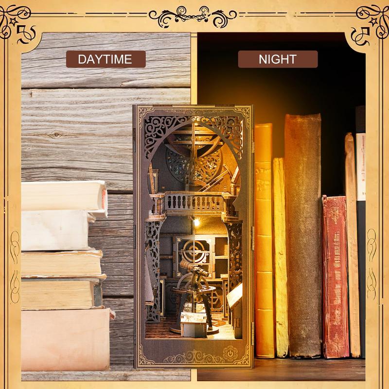 Simulation Astronomical Museum DIY Wooden Book Nook Kit with LED Light, 1 Set 3D Wooden Book Nook Kit, Suitable for Adults and Teens Gift