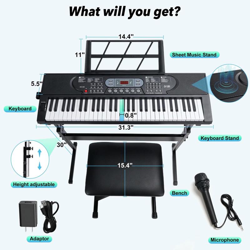 61 Key Keyboard Piano for Kids,Beginner Piano Keyboard Kit, with H-Stand, Stool, Microphone Children's Gifts, Holiday Gifts - YOUTH MUSIC