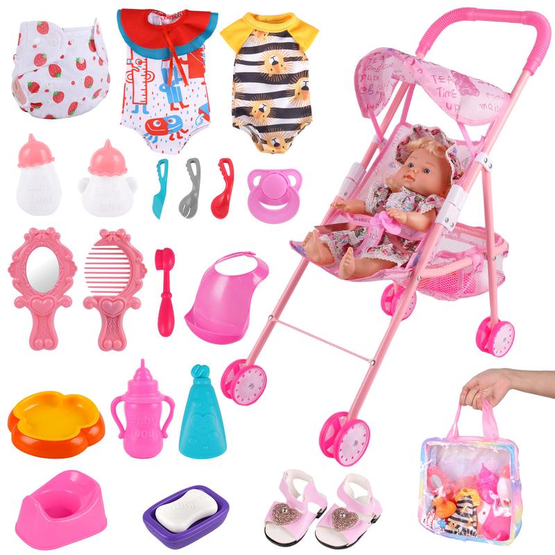 BABESIDE Baby Doll Stroller Set with Doll, Baby Doll Accessories with Baby Doll PlaySet, Pretend Doll Play Set Kids Gift