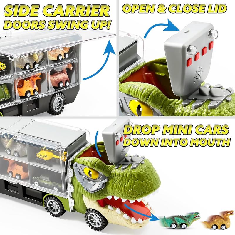 Christmas 2024 Gifts  13Pcs Dinosaur Transport Carrier Truck with Mini Dinosaur Car Set Helicopter