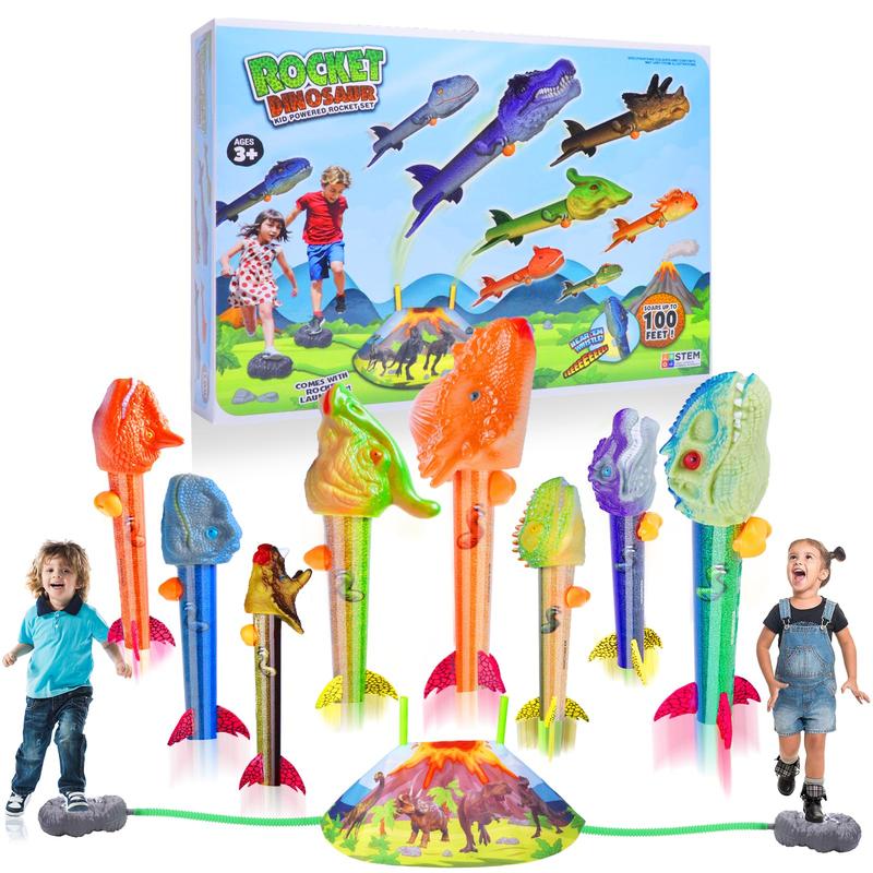 Dinosaur Rocket Launcher for Kids - Launch Up to 100 Ft, 8 Rockets and 2 Pads for Multi-Player, Dinosaur Toys, Birthday Gift Ideas, Toys for 3 4 5 6 7 Year Old Boys, Outdoor Outside Toys