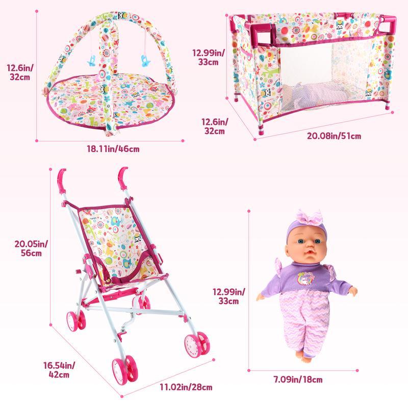 deAO Doll Stroller Nursery Role Play Set with a Variety of Feeding Toy and Play Mat Travel Cot Carrier Stroller and Travel Bag, Christmas Gift