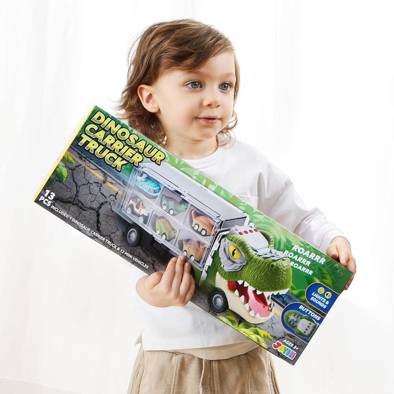 Christmas 2024 Gifts  13Pcs Dinosaur Transport Carrier Truck with Mini Dinosaur Car Set Helicopter