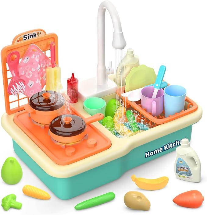 Play Kitchen Sink Toy, Green Electric Dishwasher Playing Toy with Running Water,Play Food & Tableware Accessories, Kitchen Set Toys, Role Play Sink Set