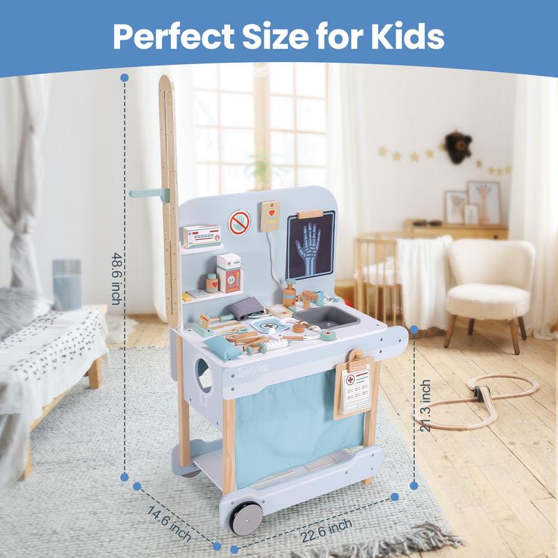 Joylike Wooden Medical Cart， Pretend Play Set Toy for Kids，With All Kinds of Wooden Medical Device