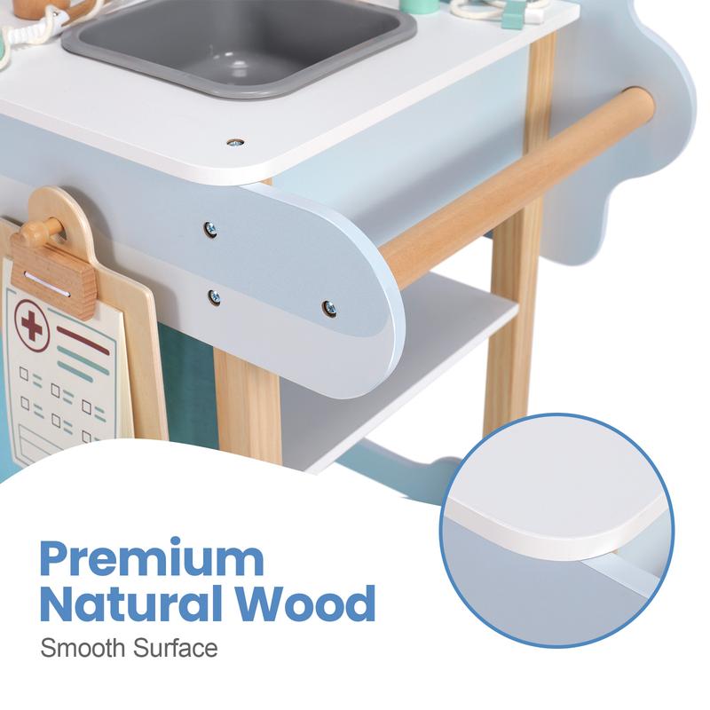 Joylike Wooden Medical Cart， Pretend Play Set Toy for Kids，With All Kinds of Wooden Medical Device