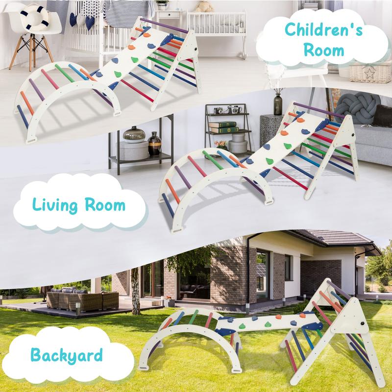 FOOWIN 3 in 1 Foldable Climbing Triangle Set,pikler Triangle Climber for Kids,Montessori Climber Ladder Toys,Triangle Toddlers Rock with Ramp, Jungle Gym Slide Arch Ramp Indoor