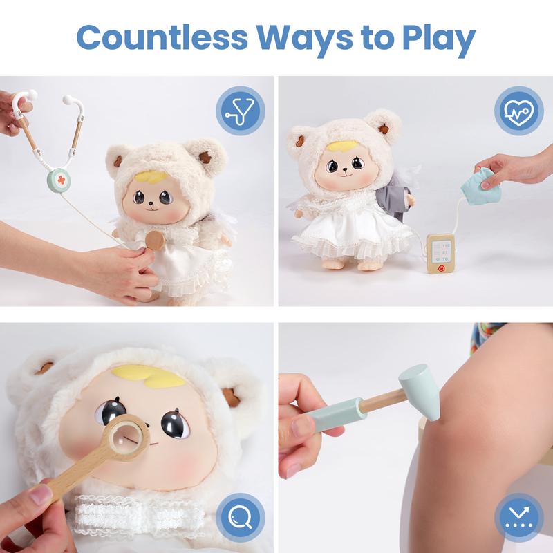 Joylike Wooden Medical Cart， Pretend Play Set Toy for Kids，With All Kinds of Wooden Medical Device