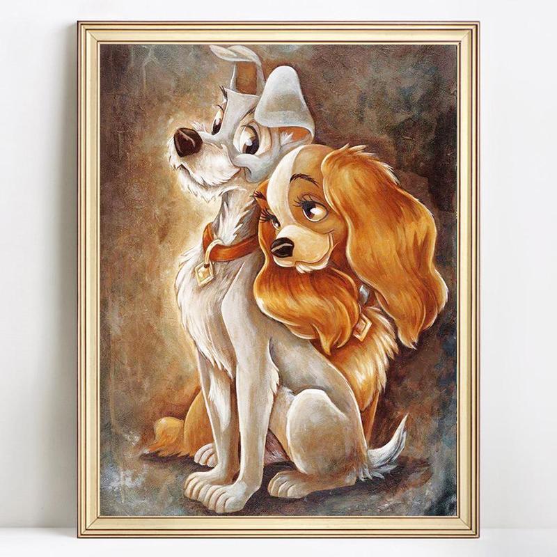 Missy & The Tramp Pattern DIY Diamond Art Painting Without Frame, DIY 5D Full Round Diamond Arts Painting Kit, Wall Art Decor For Home Living Room Bedroom
