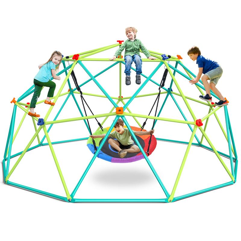 Hapfan 10ft Climbing Dome Swing Set with Saucer Swing, Jungle Gym for Kids Outdoor Backyard, Supports 800lbs