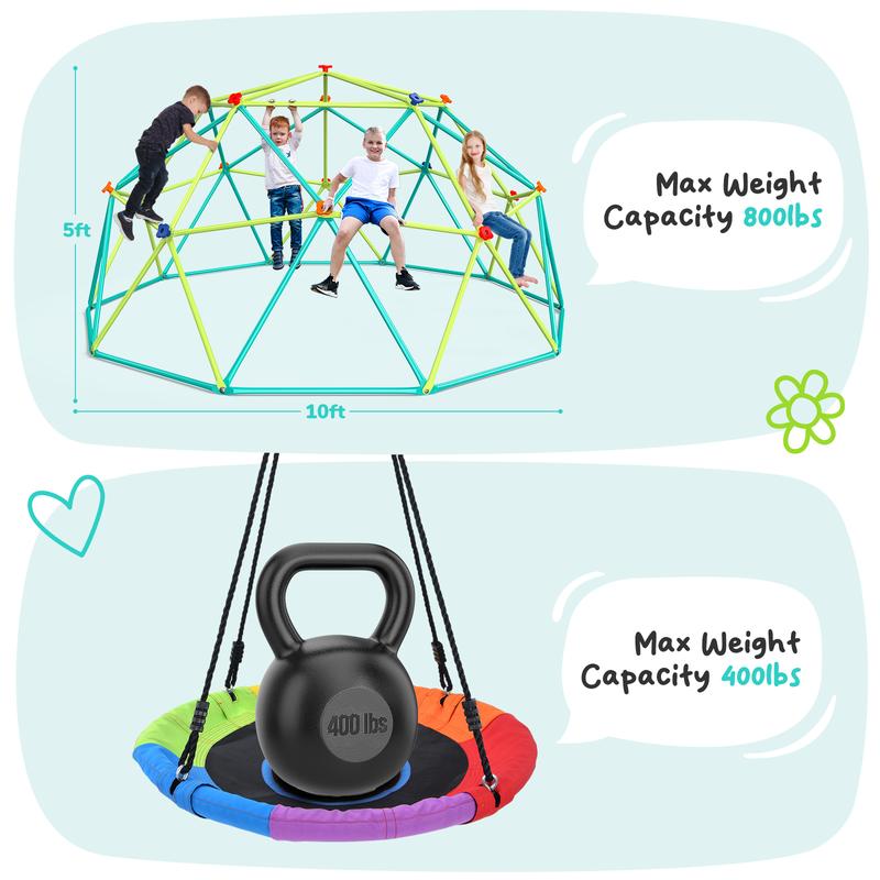 Hapfan 10ft Climbing Dome Swing Set with Saucer Swing, Jungle Gym for Kids Outdoor Backyard, Supports 800lbs