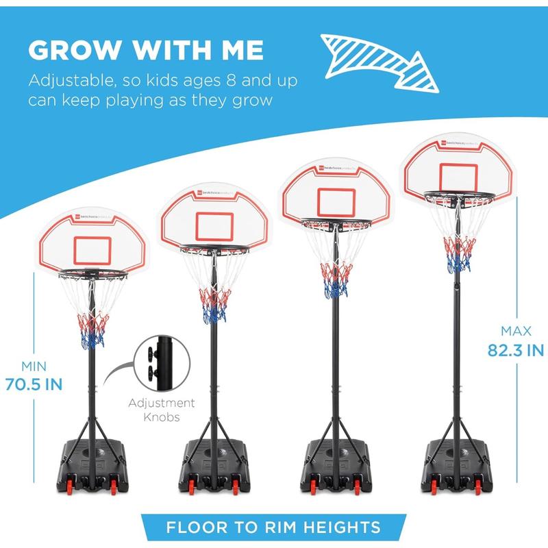 Height-Adjustable Basketball Hoop, Portable Backboard Set w  2 Wheels, Fillable Base, 70.5in to 82.3in Tall