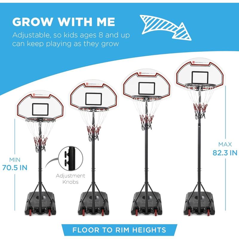 Height-Adjustable Basketball Hoop, Portable Backboard Set w  2 Wheels, Fillable Base, 70.5in to 82.3in Tall