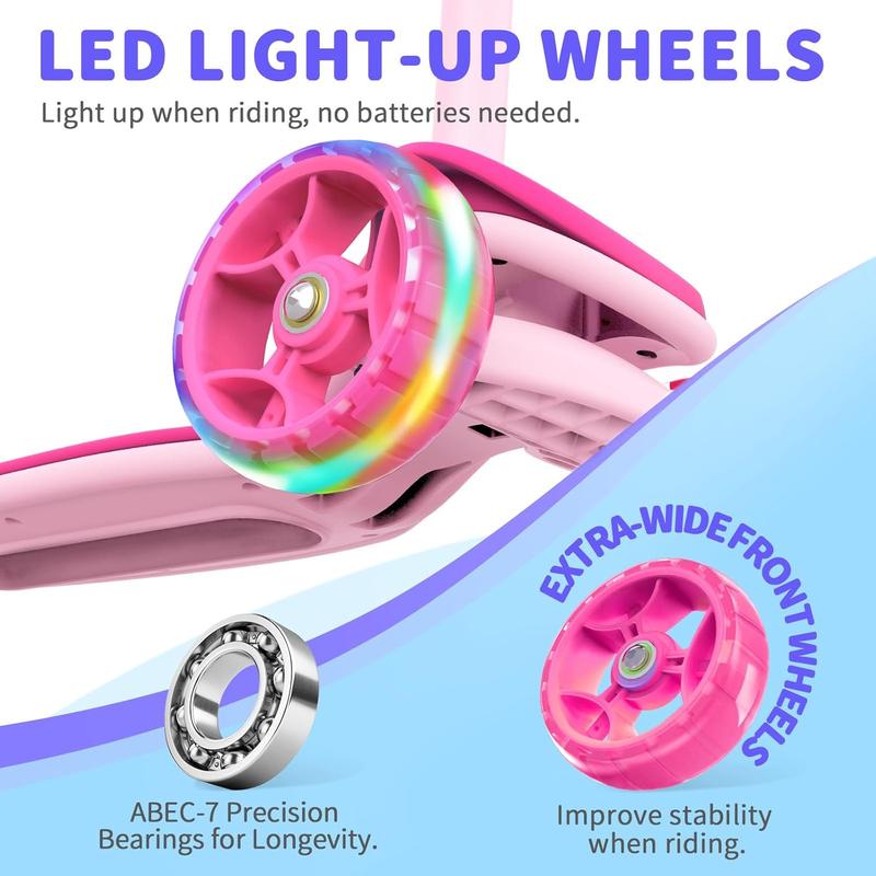 BELEEV A8 Scooter for Kids Ages 3-12, 3 Wheel Folding Scooter for Toddlers Girls Boys, LED Light-Up Wheels, 4 Adjustable Height, Lean to Steer, Extra Wide Wheels, Three Wheel Kick Scooter for Children