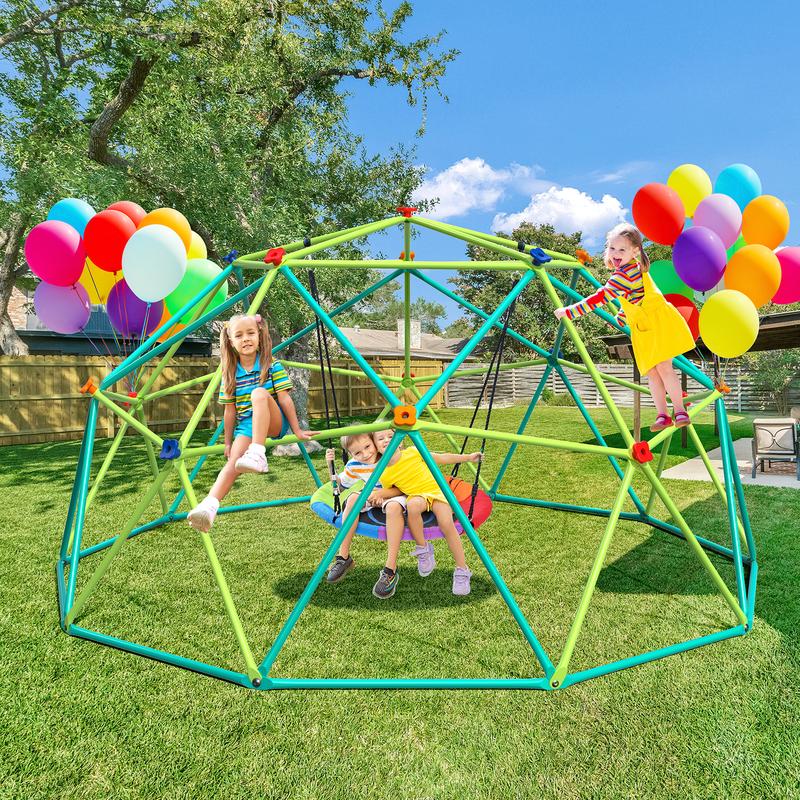 Hapfan 10ft Climbing Dome Swing Set with Saucer Swing, Jungle Gym for Kids Outdoor Backyard, Supports 800lbs