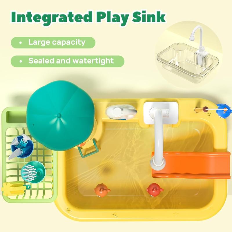 CUTE STONE Play Sink with Running Water, Kitchen Sink Toys with Play Food and Kitchen Utensils, Pool Floating Toys for Fishing Game, Role Play Electric Dishwasher Toy Gift