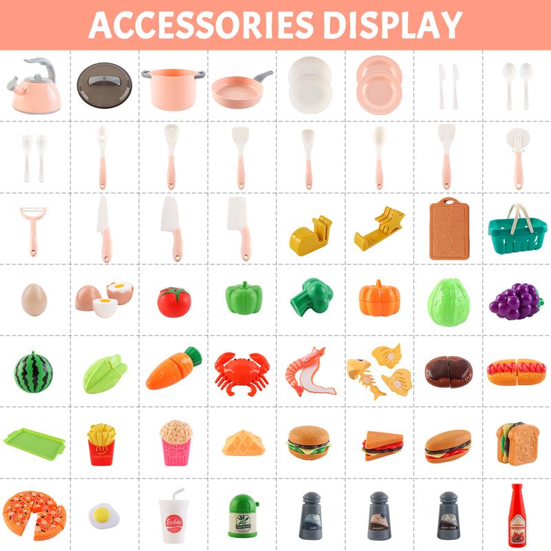 deAO Play Kitchen Accessories with Pots and Pans,Cutting Food Toy,Cookware Utensils,63 PCS Play Food Set Kitchen Cooking Toy
