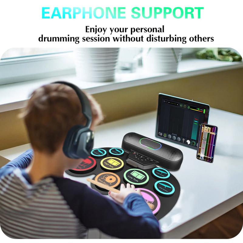 Electronic Drum Set for Kids Adults,9 Pads Portable MIDI Roll-up Drum Kit with Dual Speakers   Headset Jack   Drumsticks   Foot Pedals,for Beginners