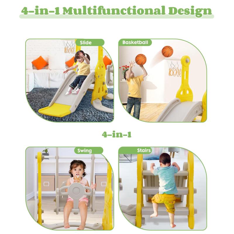 4-in-1 Compact Slide and Swing Set, Family Slide for Boys and Girls Aged 1 to 4, Slide with Basketball Hoop, Indoor and Outdoor Slide Play Facilities and Playgrounds Easy to assemble.