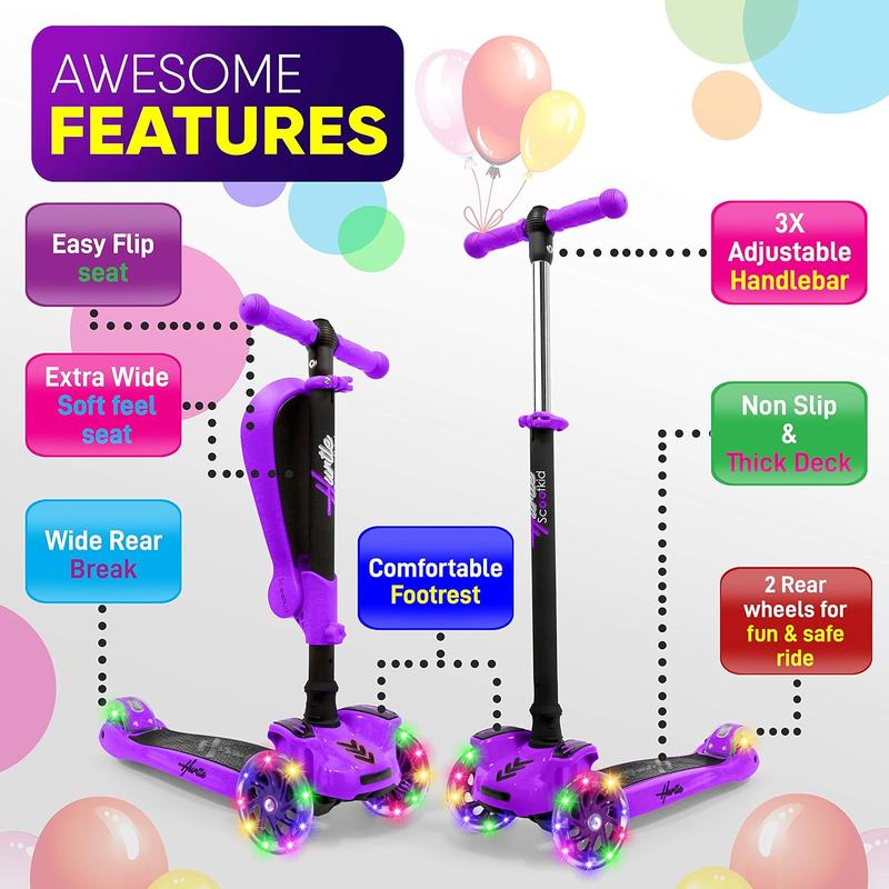 Kid's 3-Wheeled Scooter - LED Wheel Lights, Adjustable Lean-to-Steer Handlebar, Foldable Seat & Brake - for Ages 1 - 14!