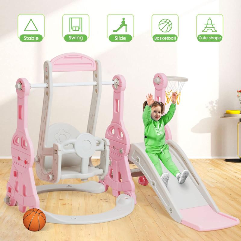 4-in-1 Compact Slide and Swing Set, Family Slide for Boys and Girls Aged 1 to 4, Slide with Basketball Hoop, Indoor and Outdoor Slide Play Facilities and Playgrounds Easy to assemble.