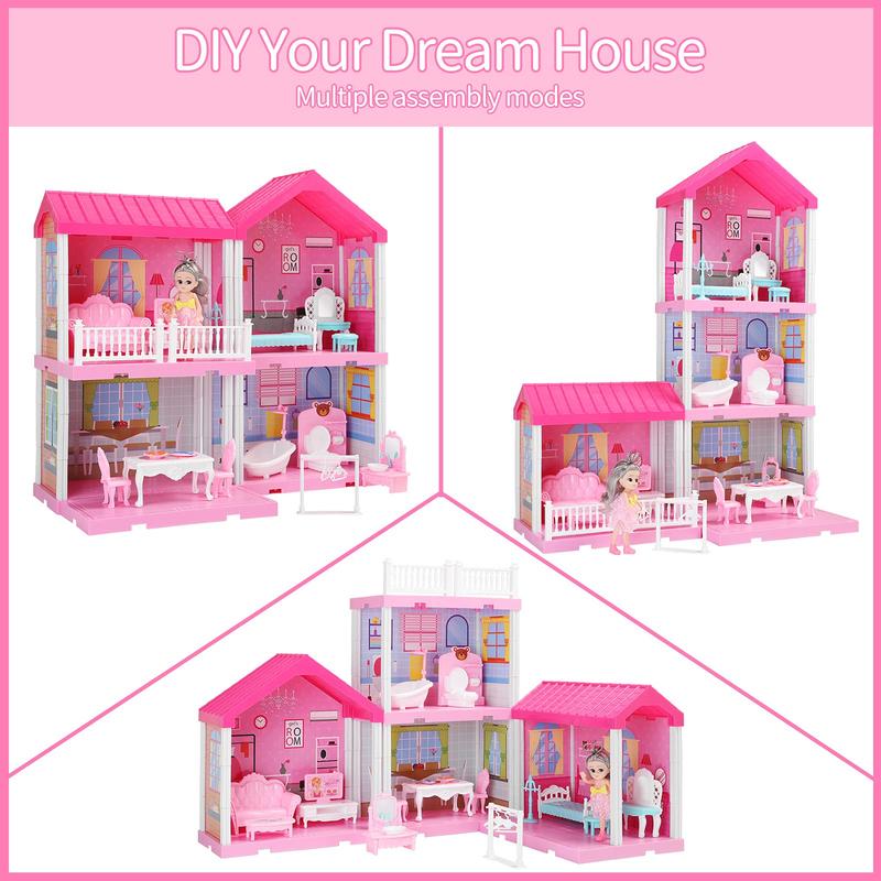 Dollhouse  Pretend Toys - Doll Figure with Furniture, Accessories, Stairs, Pets and Dolls, DIY Cottage Pretend Play DollHouse, for