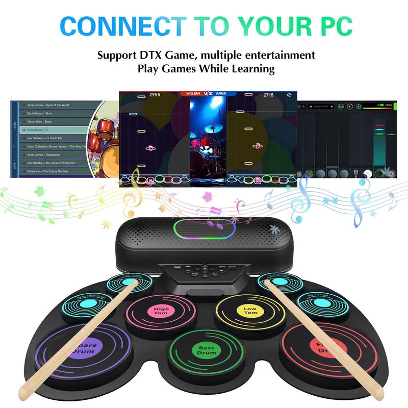 Electronic Drum Set for Kids Adults,9 Pads Portable MIDI Roll-up Drum Kit with Dual Speakers   Headset Jack   Drumsticks   Foot Pedals,for Beginners