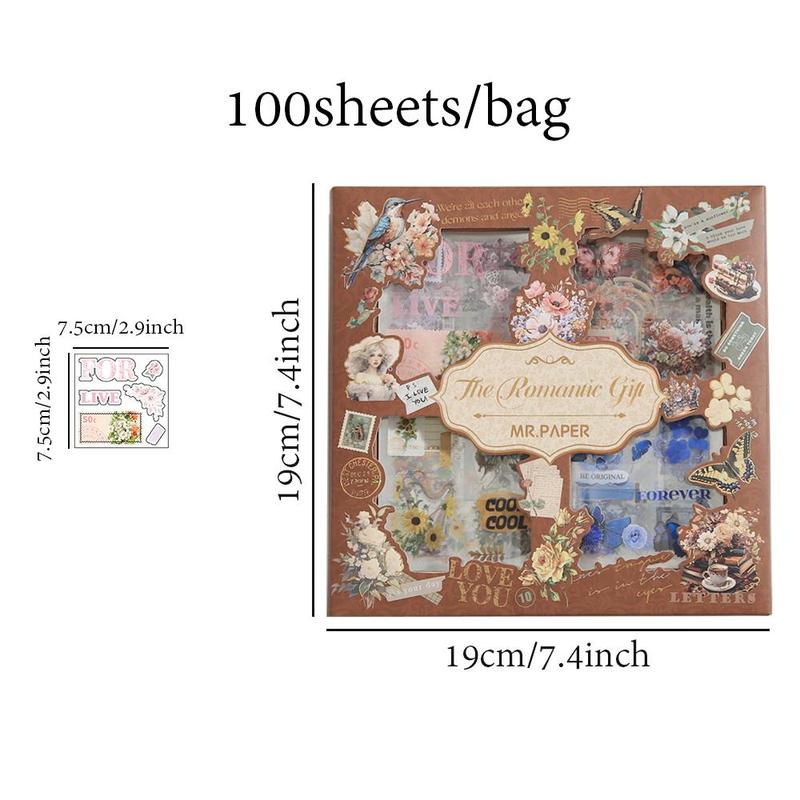 Vintage Floral Pattern Sticker (100 Sheets Box), Scrapbooking & Journal Making Material Paper, Summer Gifts DIY Decorative Sticker For Stationery Computer Water Bottle