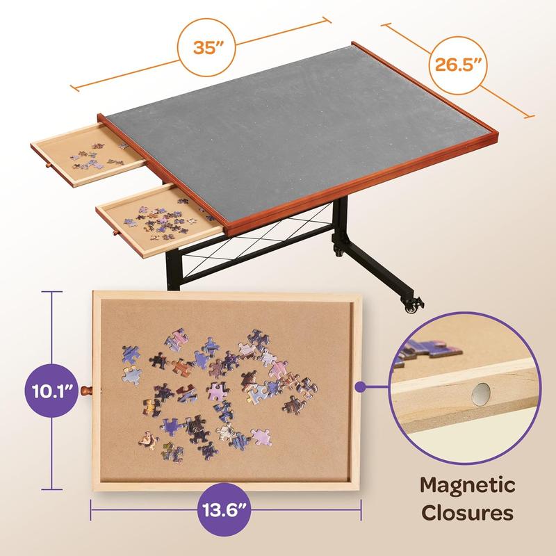 Joyberri Puzzle Station - Jigsaw Puzzle Table Rolling Puzzle Desk - 1500 Piece Puzzle Board with Bonus Puzzle Portable Jigsaw Puzzle Tables with Drawers and Legs - Height Adjustable for Adults and Kids