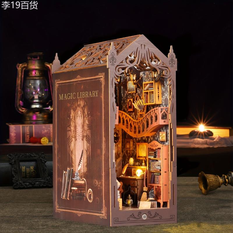 1pc, Rustic Wooden Magic Library Book Nook Shelf Insert, DIY Dollhouse Kit With Furniture, Artisan Craft 3D Puzzle, Home Bedroom Decor, Induction Lighting, 10.82