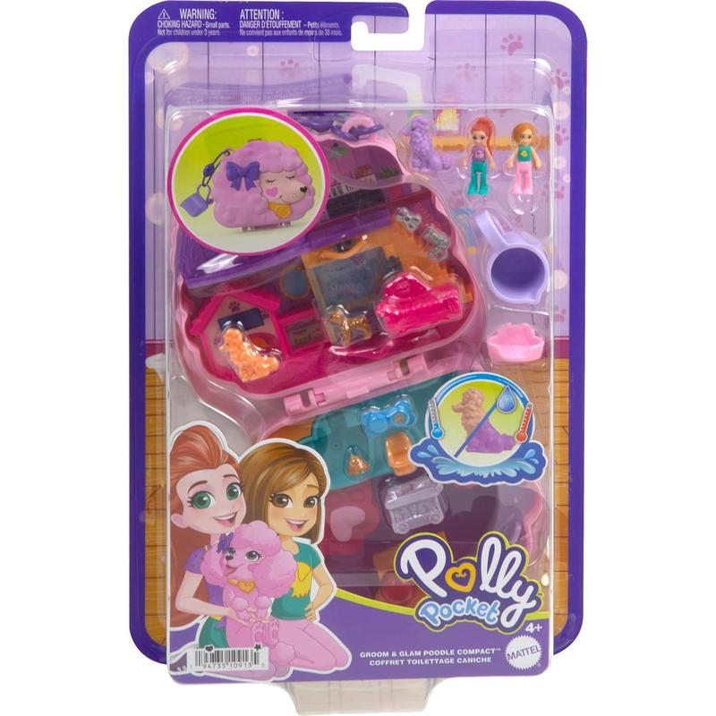 Polly Pocket Groom & Glam Poodle Compact Playset with 2 Micro Dolls & 12 Accessories, Including 2 with Color Change