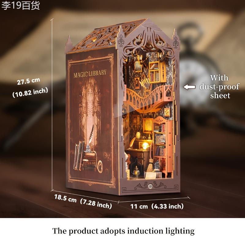 1pc, Rustic Wooden Magic Library Book Nook Shelf Insert, DIY Dollhouse Kit With Furniture, Artisan Craft 3D Puzzle, Home Bedroom Decor, Induction Lighting, 10.82
