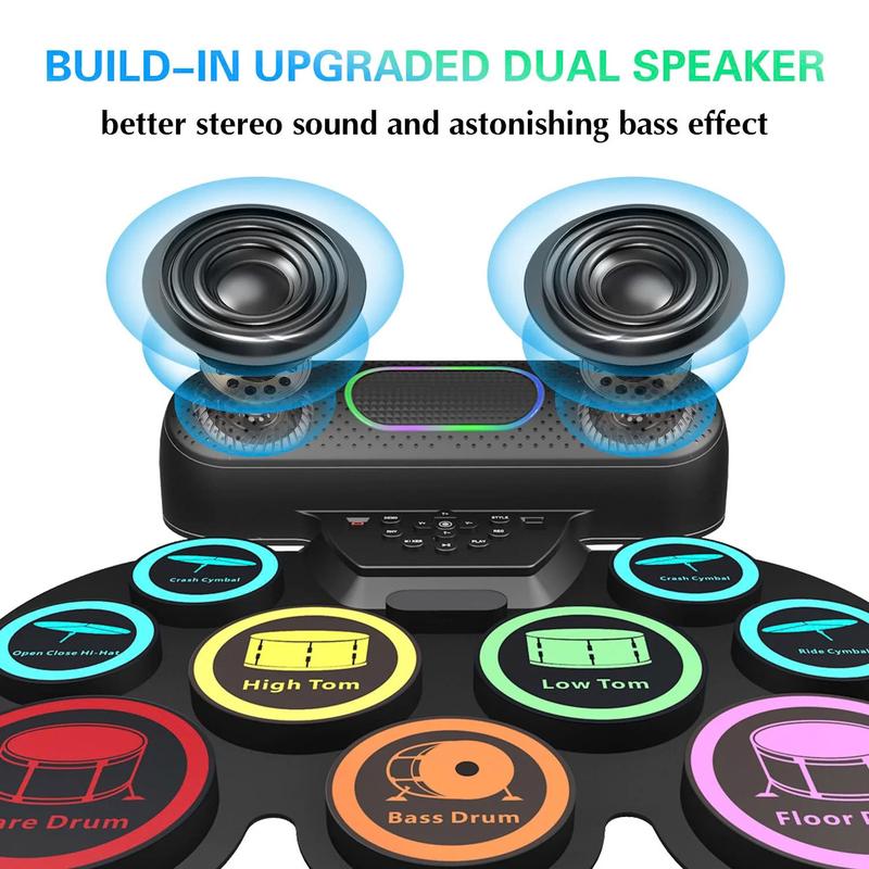 Electronic Drum Set for Kids Adults,9 Pads Portable MIDI Roll-up Drum Kit with Dual Speakers   Headset Jack   Drumsticks   Foot Pedals,for Beginners