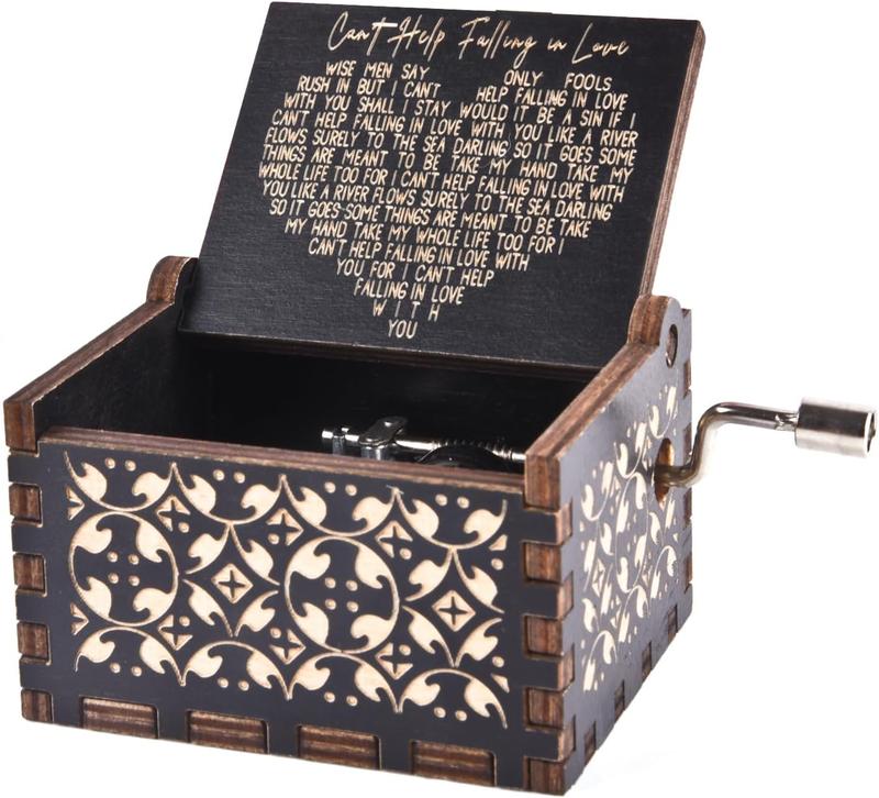 Can't Help Falling in Love Wood Music Box, Antique Engraved Musical Boxes Case for Love One Wooden Music Box - Gifts for Lover, Boyfriend, Girlfriend, Husband, Wife (BLACK)